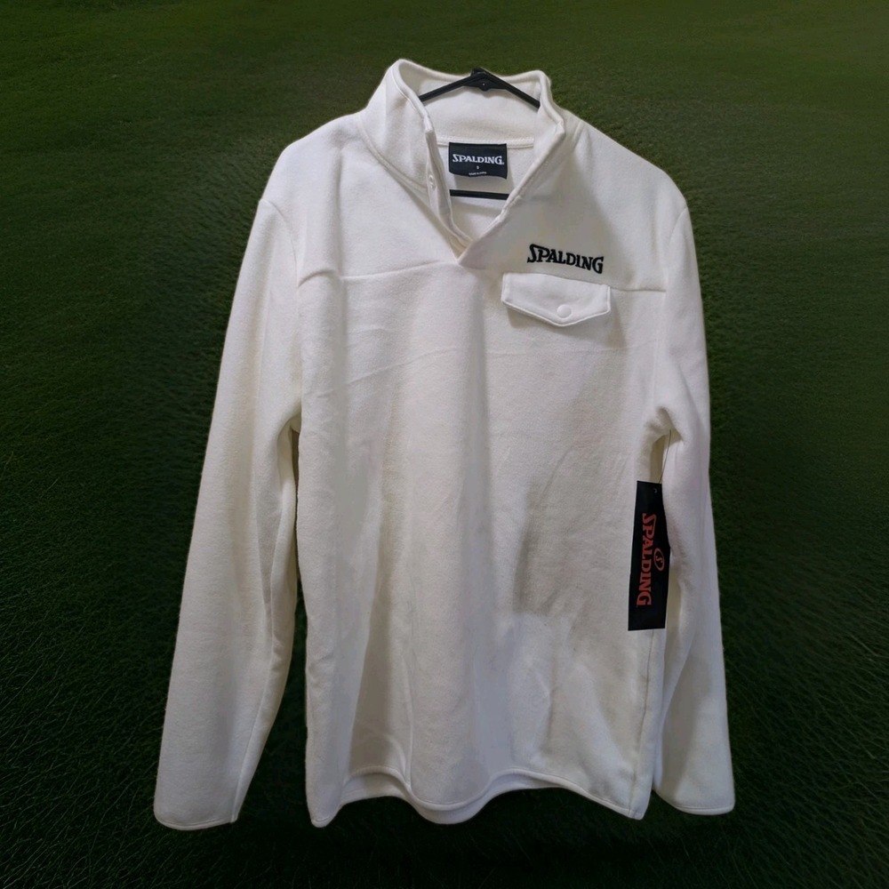 Spalding Men Women White Fleece Pullover Sweatshirt 1/4 Zip Snap Med or Sm NEW